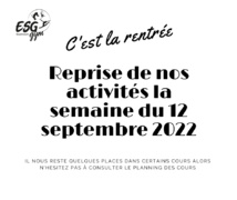 REPRISE DES COURS LA SEMAINE DU 12 SEPTEMBRE 2022