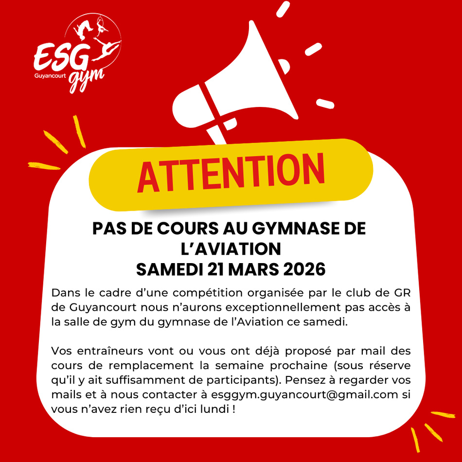 ANNULATION COURS GYMNASE DE L'AVIATION 21/03/2026 ANNULATION COURS GYMNASE DE L'AVIATION 21/03/2026