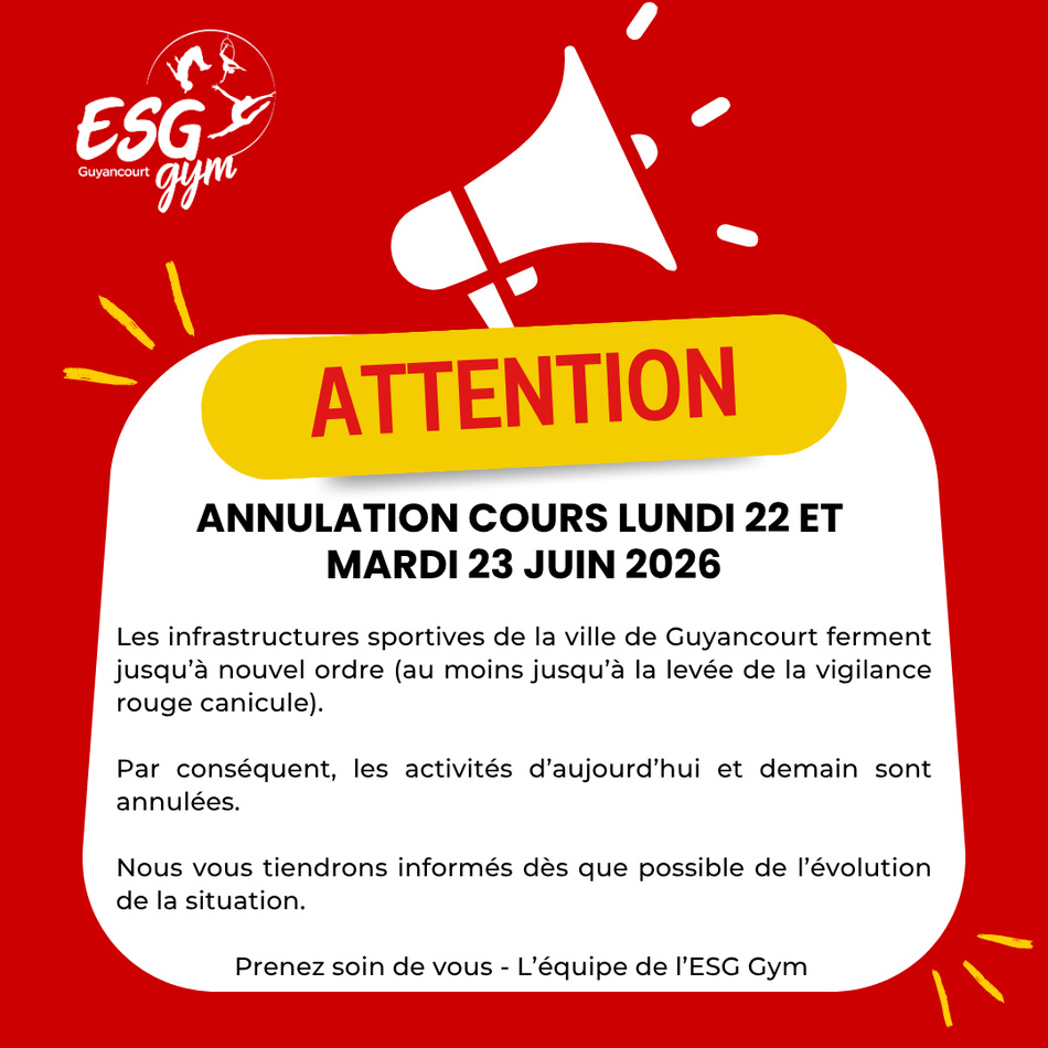 ANNULATION COURS LUNDI 22 ET MARDI 23 JUIN 2026