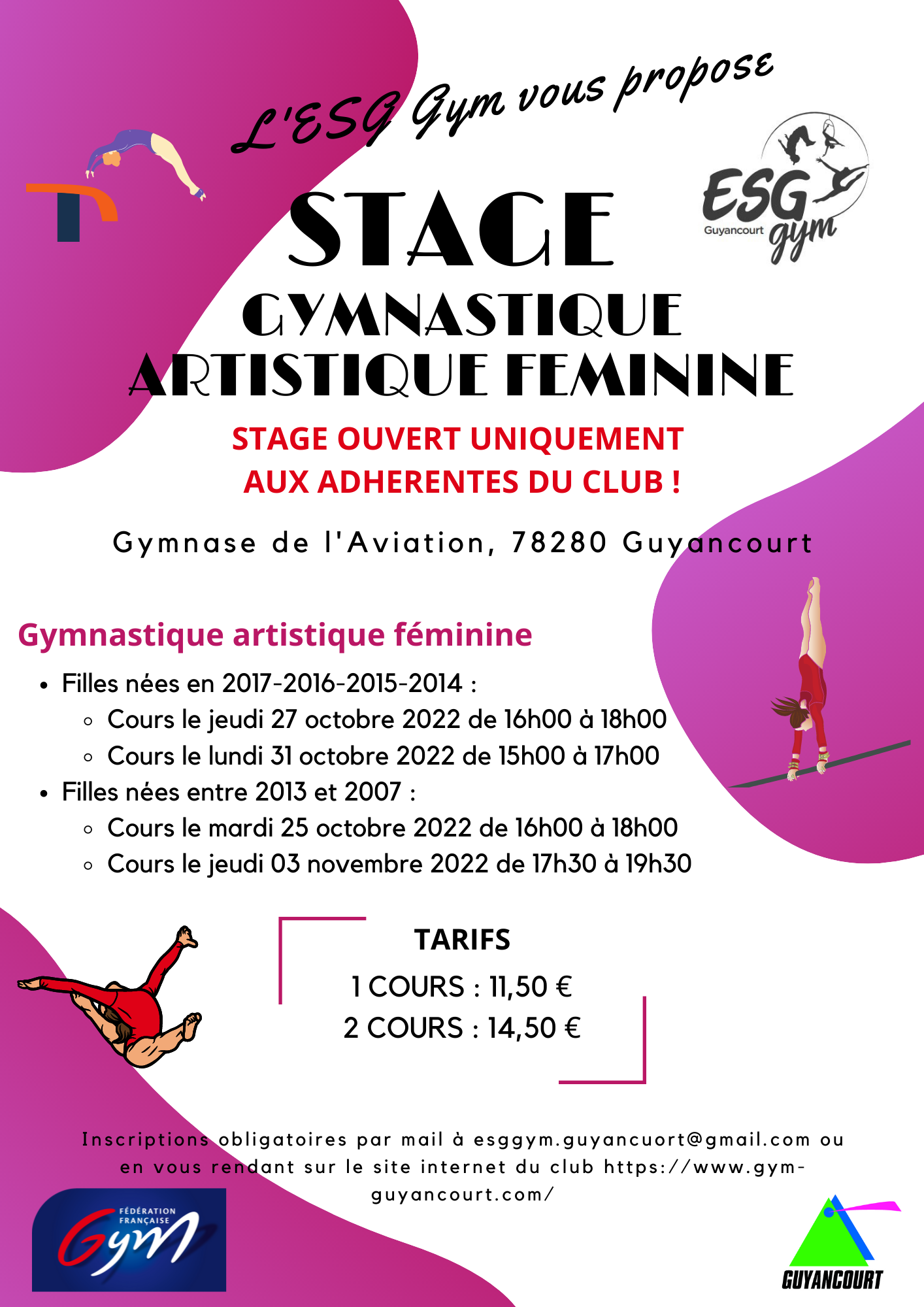 Stage Loisirs Gymnastique Artistique Féminine - Adhérentes ESG Gym UNIQUEMENT